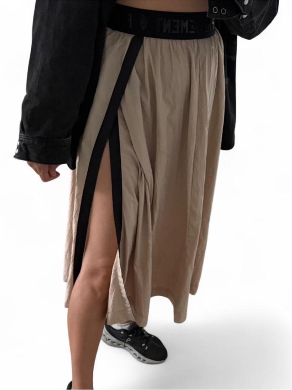 FP Movement by Free People Beige Midi Skirt with Black Elastic Waist